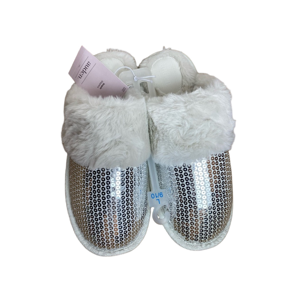 Aiden Women’s Silver Sequin Fur Slippers Sz L 9/10 NWT